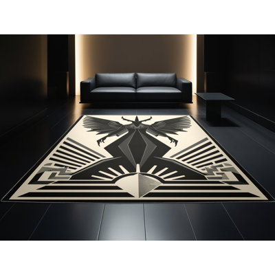 Machine Washable Ulster Chernobog Art Deco Geometric Rug in Brown – Grey Binding
