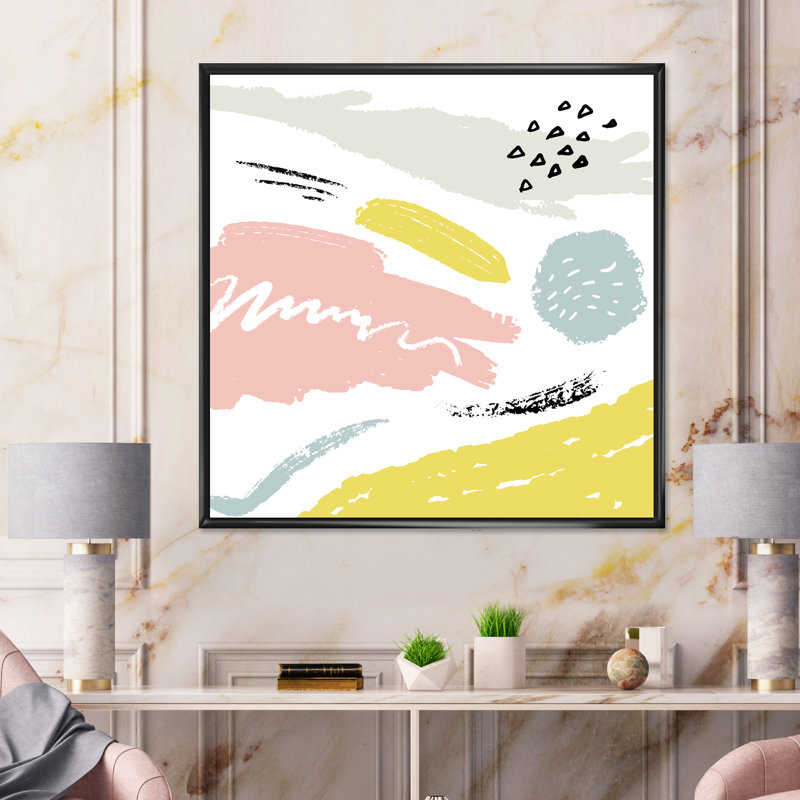 Éléments décoratifs rétro roses, jaunes et gris - reproduction d'art sur toile moderne, H 36 po x l 36 po x P 1 po