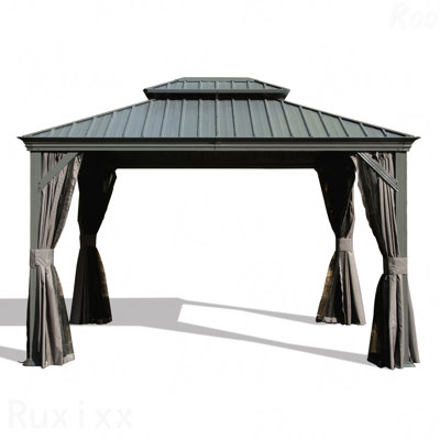 12X14FT Gazebo Metal, Mosquito Net For Outdoor Use With Galvanized Steel Double Roof & Drainage System