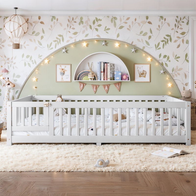 Queen Solid Wood Floor Bed with Safety Guardrails and Door, Queen, White