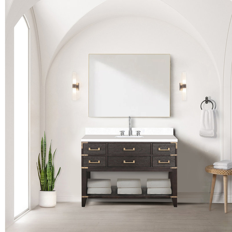 Meuble-lavabo simple en chêne l 48 po x P 22 po avec plateau en quartz blanc, Chêne brun