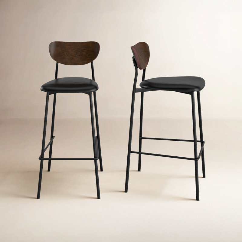 Tabouret de bar et de comptoir, Structure en cuir noir / noyer, Tabouret de bar (siège d'une hauteur de 30 po)