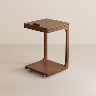 Solid Wood C-Table End Table, Flip Top Hidden Storage Rolling Side Table with Wheels for Living Room Bedroom