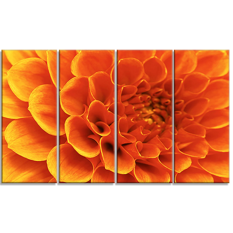 « large fleur orange et pétales », ensemble de 4 impressions sur toiles tendues