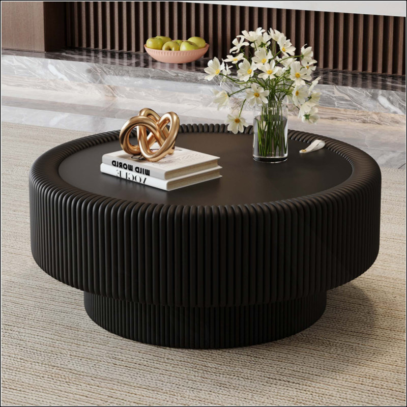 Table basse cannelée ronde avec plateau de rangement en verre trempé et plateau en cuir de qualité supérieure avec rangement caché pour le salon