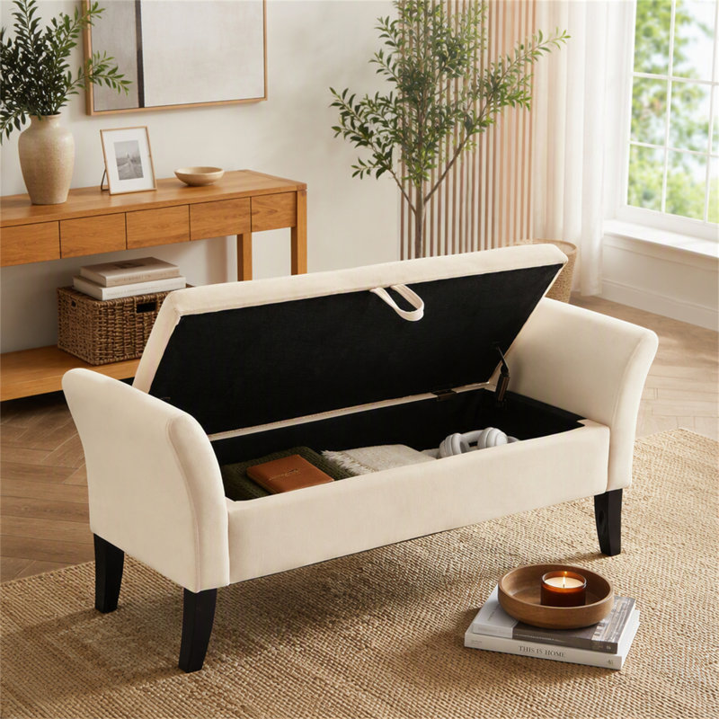 Banc de lit 51,5 po avec rangement en velours beige, H 22 po x L 51,5 po x P 18,3 po, Beige / look rétro, Beige