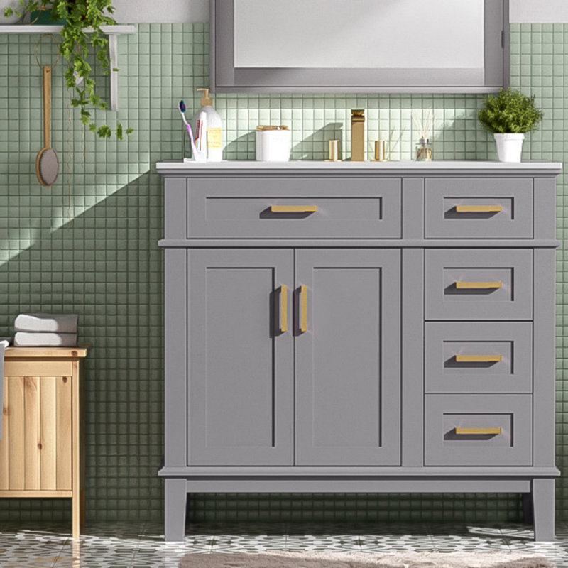 Meuble-lavabo moderne de 36 po avec lavabo en céramique, portes à fermeture douce, 4 tiroirs de rangement, conception élégante pour les petites salles de bain