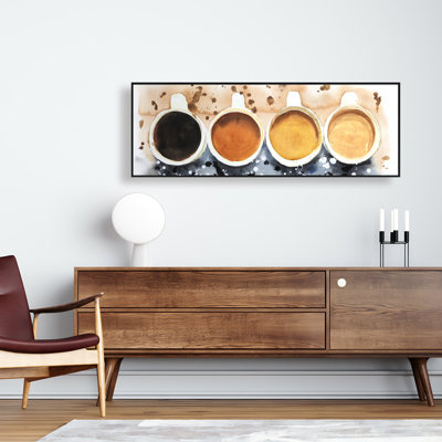 Quatre tasses de café avec éclaboussures de peinture | Art sur toile grise