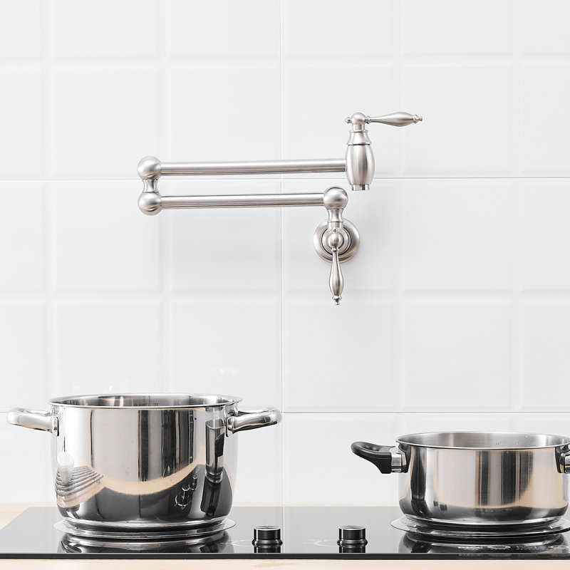 Kitchen Pot Filler Faucet, Wall Mount Commercial, Brushed Nickel Finish, Brass Construction, Double Joint Swing Arms, Style A, Contemporary Style, Safe And Secure, 360 Spout Turn Filler, Commercial