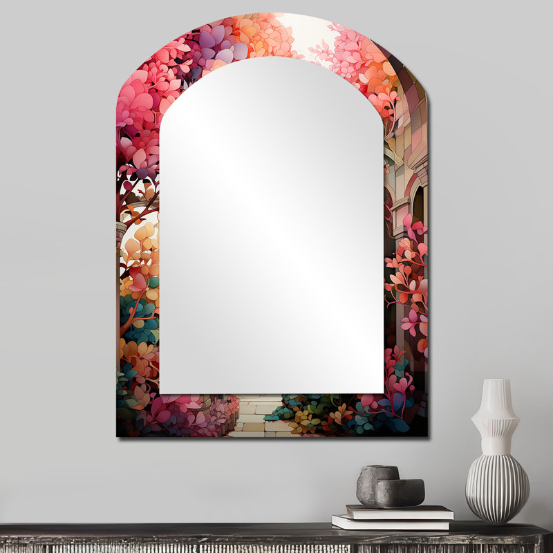 «Pink Bridge Whimsical Arches - Bridges», miroir mural décoratif asymétrique, 34 po x 25 po