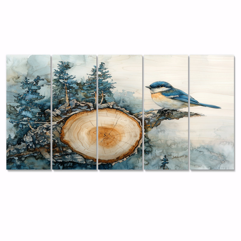 Oiseaux bleus sur une glissade en bois I - Art mural oiseau - décoration murale moderne, H 28 po x l 60 po, 5