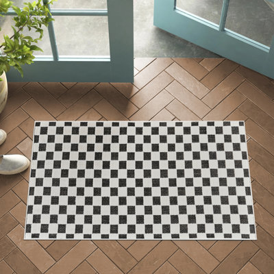 Tapis d'entrée à damier noir / blanc 3 pi x 5 pi (2 pi 7 po x 4 pi 11 po) Branch Branch Rocky, tapis d'entrée contemporain, à poils courts et résistant aux taches