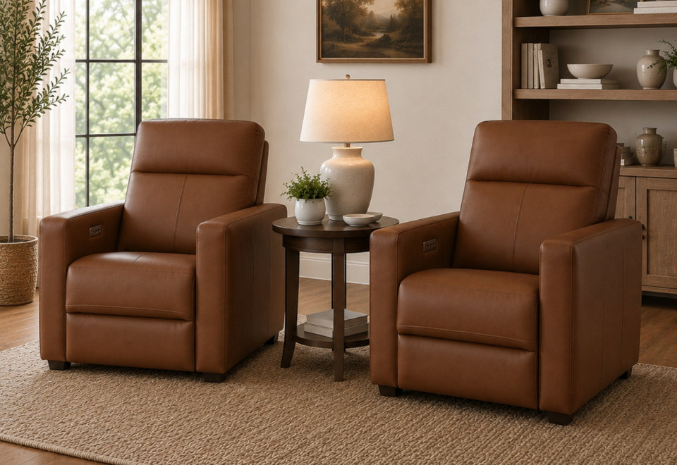 Two brown leather power recliners sit on either side of a round wooden end table with a table lamp and small potted plant in a cozy living room.