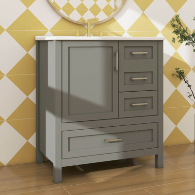 Ensemble de meuble-lavabo de meuble-lavabo 30 po avec armoire de rangement, porte à fermeture en douceur, 3 tiroirs et plateau amovible