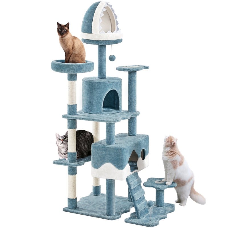 Ocean-Themed Blue and White Sisal Cat Tree Tower