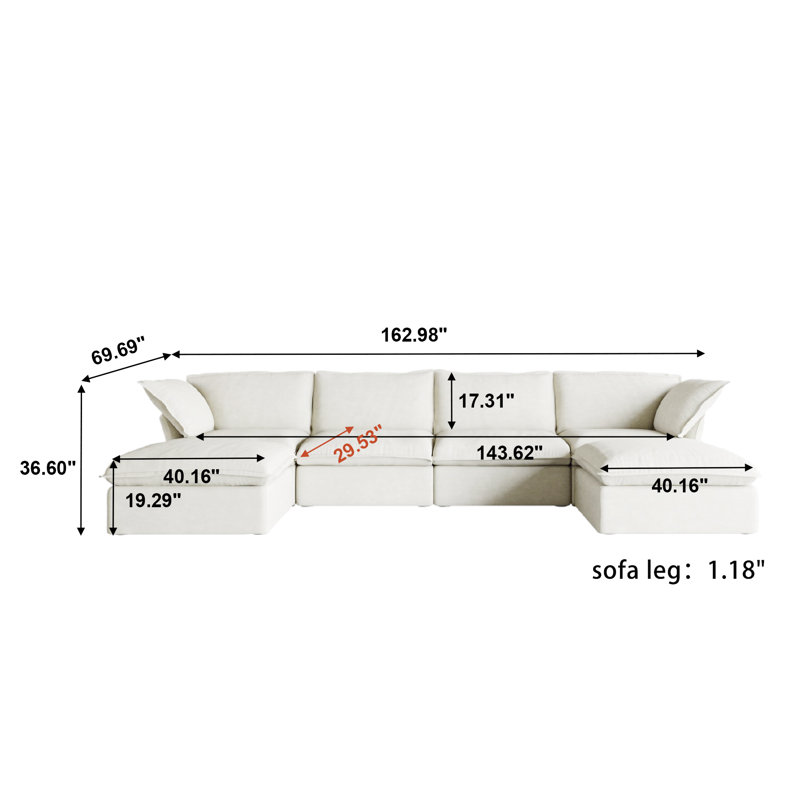 Fairford 6-Piece Upholstered Modern Corduroy Fabric Sectional Sofa With Ottoman, White Linen Blend