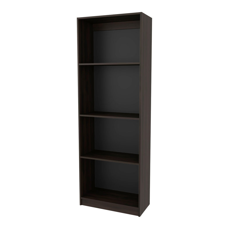 Bibliothèque en noyer teinté avec rangement ouvert et 4 tablettes, idéale pour les photos à plat, complétant l'intérieur