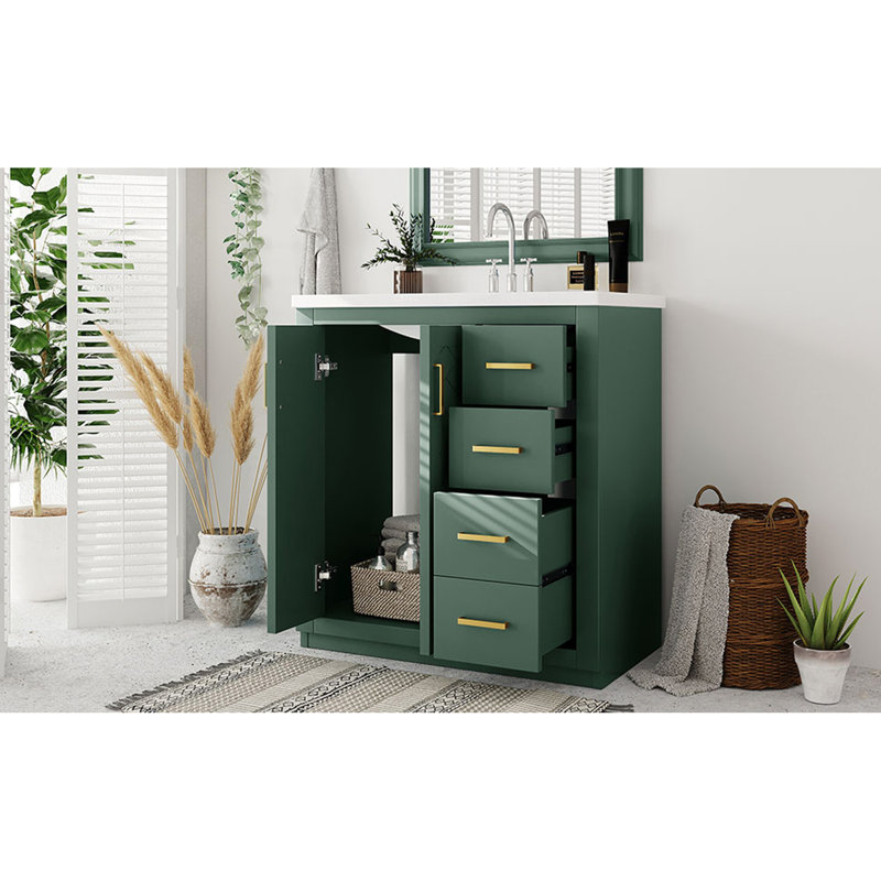 Ensemble de meuble-lavabo 30 po avec lavabo en céramique, armoire de rangement en bois massif, ensemble de meuble-lavabo autoportant avec 3 tiroirs et portes à fermeture douce