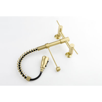 Brushed Gold Wall Mounted Kitchen Faucet - 3 Functions, Pull-Out Spray Head, Stream Settings, 360 Rotating Nozzle, High-Performance Design 3 In Bridge, Spray, Modes, Rotatable And
