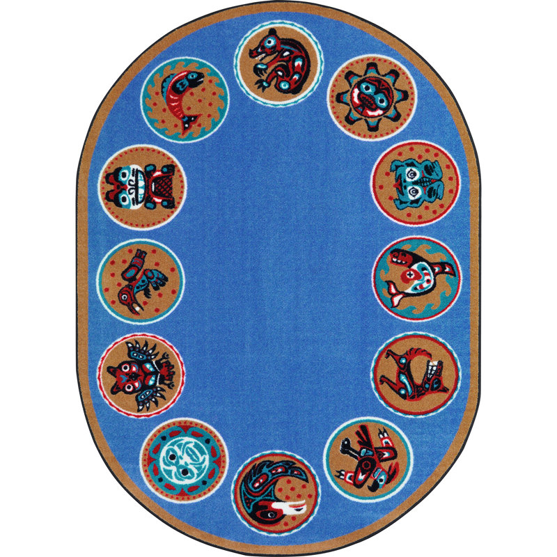Tapis géométrique bleu, Ovale 5 pi 4 po x 7 pi 8 po