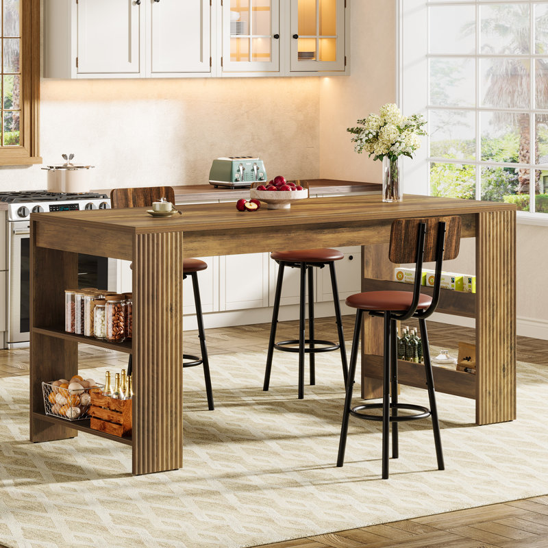 63-inch Kitchen Island With Storage, Farmhouse Home Bar Table With Double-sided Storage Shelves, Large Stationary Island Table For Kitchen, Dining Room, Living Room (brown)
