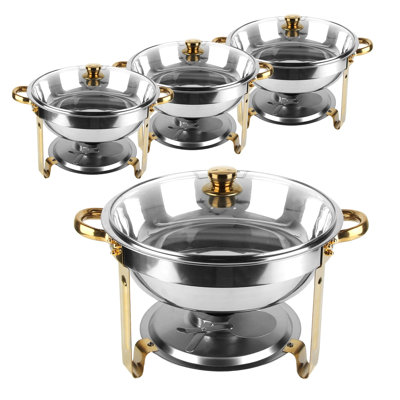 Ensemble de 4 réchauds à vaisselle 4,76 pintes pour buffet rond en acier inoxydable avec couvercle en verre pour réchauffer les rassemblements rafraîchissants