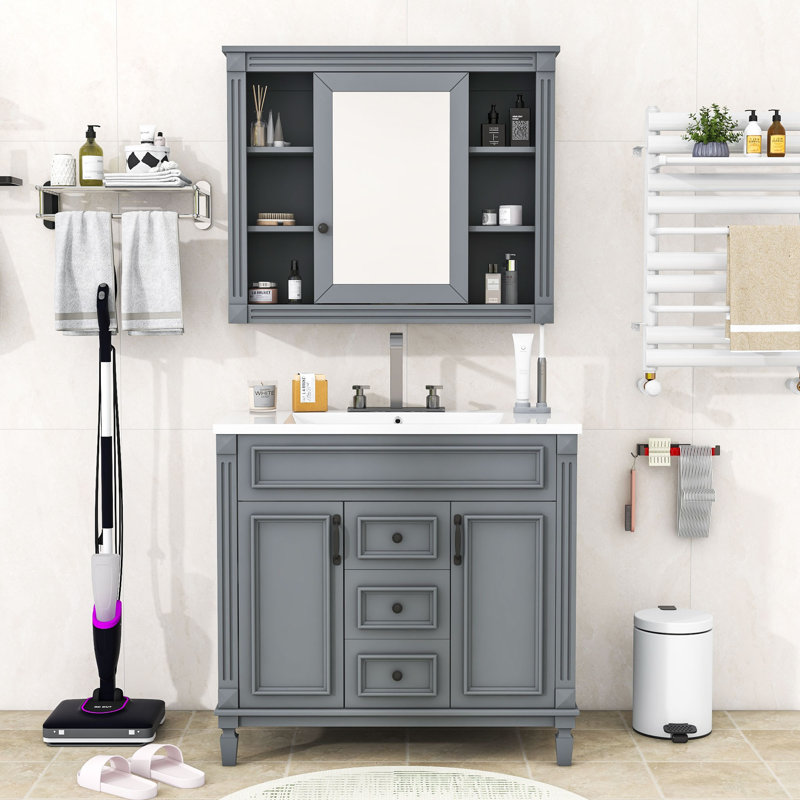 Ensemble de meuble-lavabo simple en bois avec armoire à miroir Effy, Gris