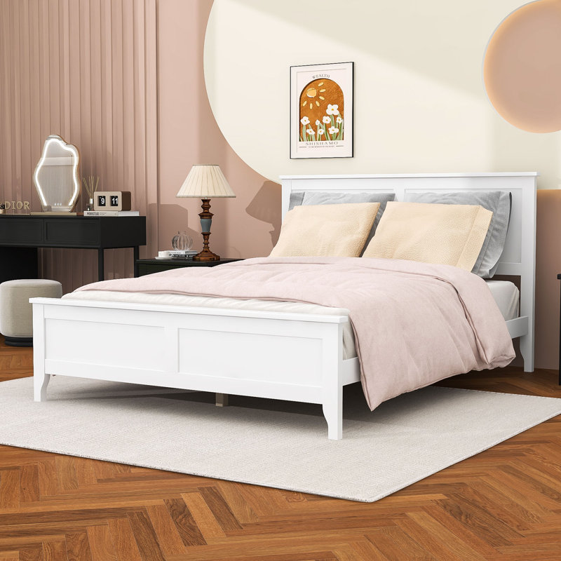 Wooden Platform Bed with Headboard, Full, White
