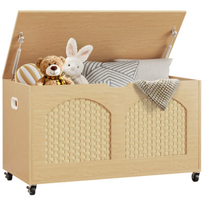 Storage Chest, Rattan-Style Toy Storage Bench with Lid and Wheels, Square Storage Trunk for Entryway, Bedroom, Living Room(Wood)
