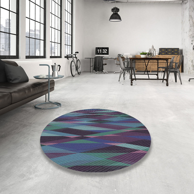 Tapis vert/bleu à motifs, Rond 8 pi