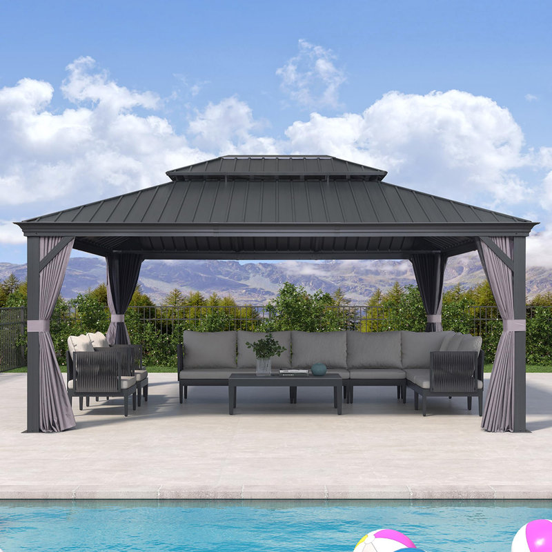 PURPLE LEAF 13' X 17' Permanent Hardtop Gazebo Aluminum Gazebo with Galvanized Steel Double Roof for Patio Lawn and Garden, Curtains and Netting Included, Gray
