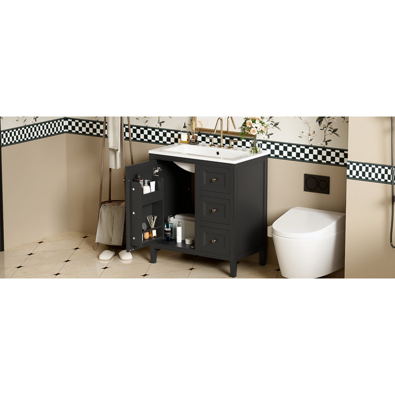 Meuble-lavabo de salle de bain avec lavabo en résine et trois tiroirs, Noir, noir, noir, noir