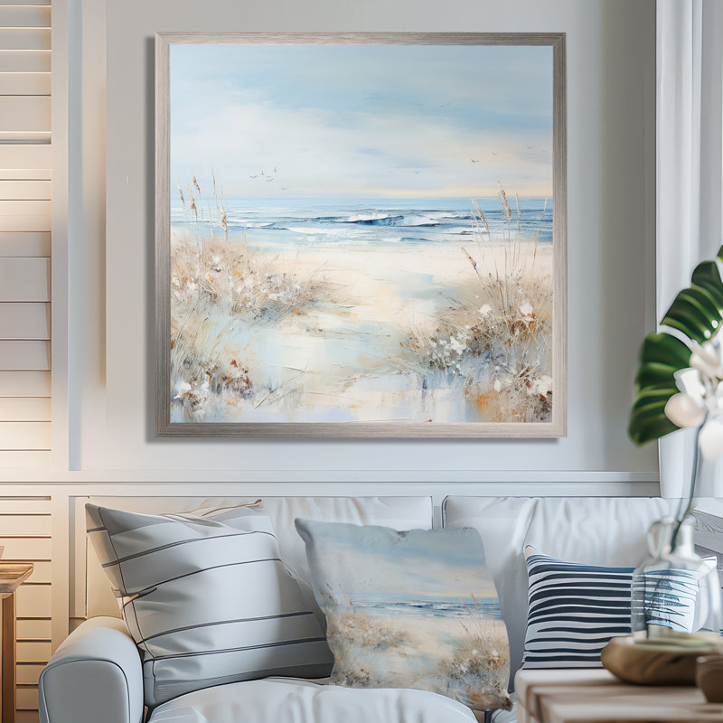 «Coastal Ocean Charm in Winter» - art mural océan côtier, H 30 po x l 30 po x P 1 po, Cadre simple argenté