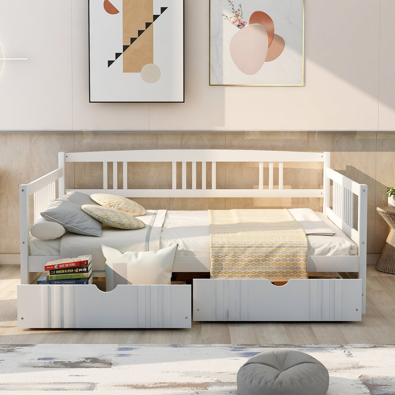 Daybed Wood Bed With Two Drawers, White, Full