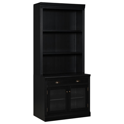 White Modern 83.4" Tall Bookcase With 2 Tempered Glass Doors, 1 Drawer, Adjustable Shelf And - Oxidation Drawer Hardware, Board Rectangle 3 Open Shelv