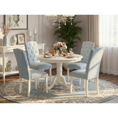 5 Piece Dining Table Set for 4 Includes a Round Kitchen Table with Pedestal and 4 Baby Blue Linen Fabric Upholstered Parson Chairs, Linen White