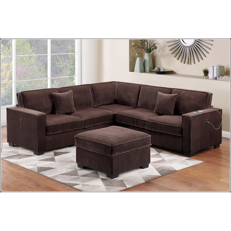 Ensemble modulaire moderne 4 pièces avec ports USB, repose-pieds et coussins assortis pour un salon confortable, Chocolat