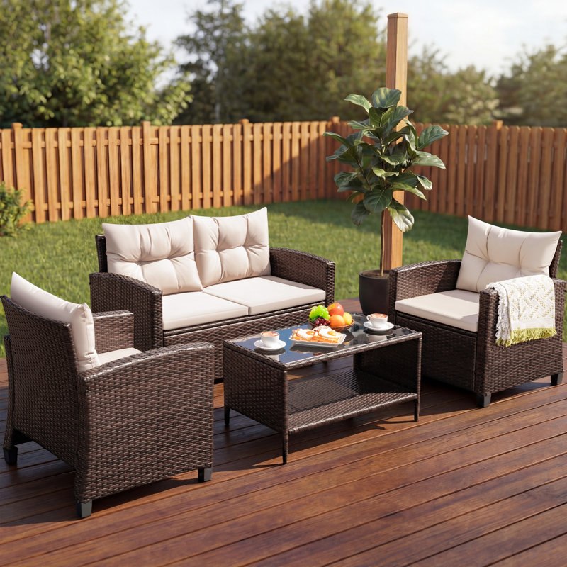 4-Piece Outdoor Conversation Set, Rattan Patio Furniture with Coffee Table and Cushions
