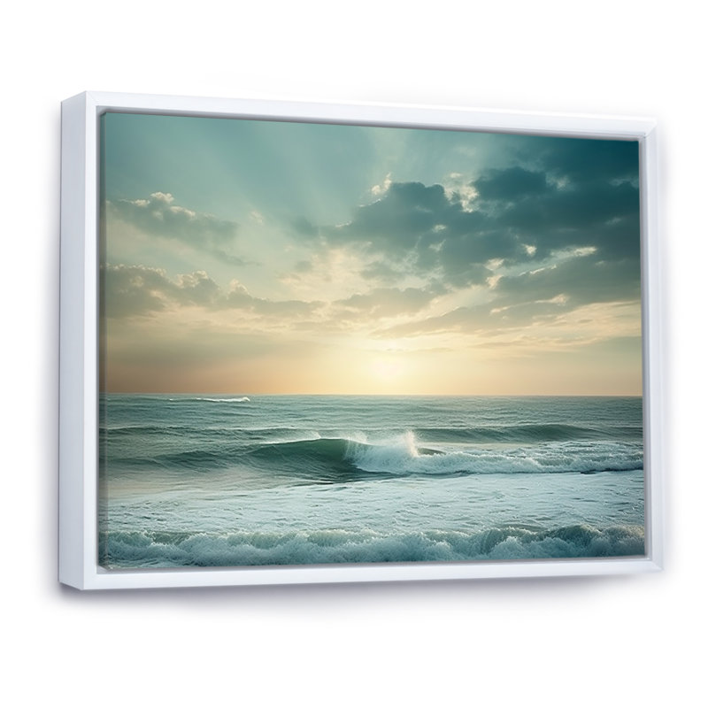 Vue de paysage de vagues côtières - art mural de grandes vagues côtières, H 34 po x l 44 po x P 1,5 po, Cadre flottant blanc