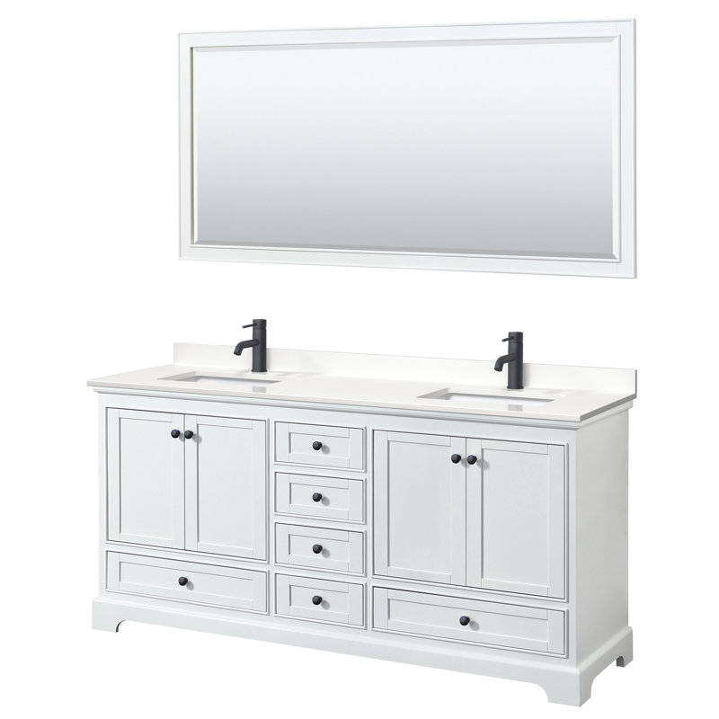 Meuble-lavabo double autoportant Deborah avec plateau en quartz, WDX13627, Blanc, Chrome poli