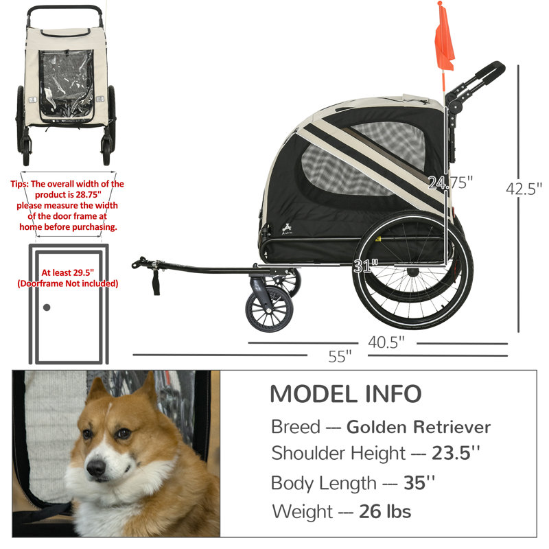 White Foldable Pet Bike Trailer and Stroller with Detachable Carrier