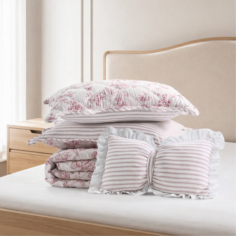 4 Pieces King  Quilt Set with Decorative Pillow,Pink