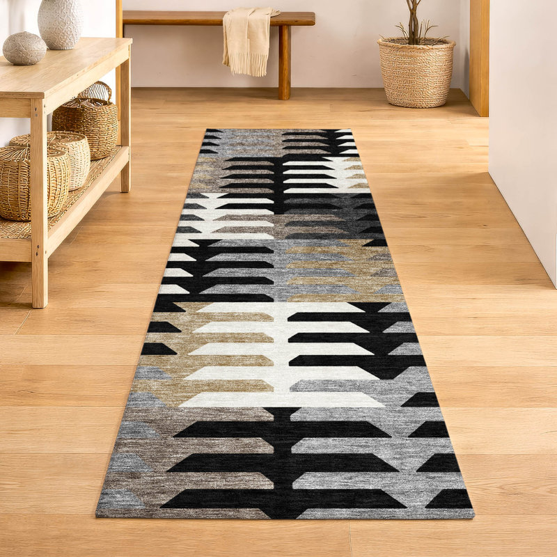 Premium Machine Washable Mayfield AMF2328 Geometric Rug, 2'3" x 7'6" Runner, Black