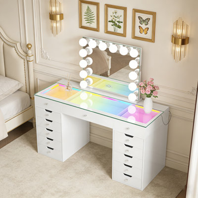 Ensemble de coiffeuse avec miroir lumineux et plateau en verre HD avec bandes lumineuses RVB intégrées 13 grands tiroirs