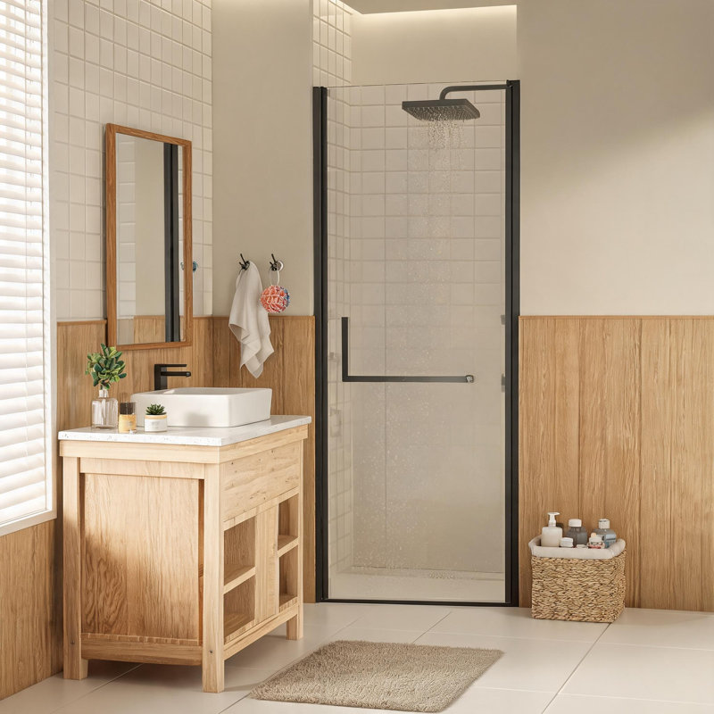Porte de douche pivotante sans cadre, noir mat, de 68,5 à 71 cm de large, hauteur de 183 cm, en verre trempé transparent.