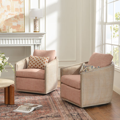Linen Blend Solid Wood Cane Swivel Chair Set Of 2