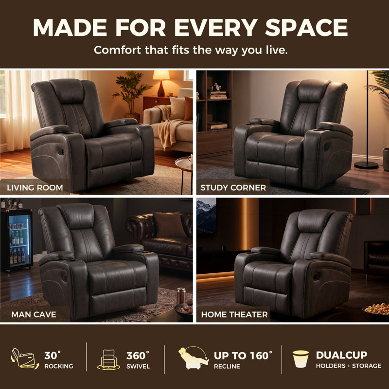 Fauteuil inclinable manuel berçant de 38 po avec deux porte-gobelets et rangement pour le salon et le cinéma maison (ensemble de 2)