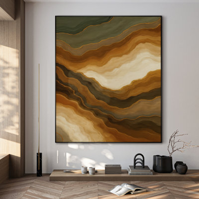 Extra Large Wall Art Fabric Print - Abstract Wave Art Earthy Toned Geode Pattern with Gold Accents Contemporary Artwork Decor for Living Room or Bedroom - "Frame Assembly Required (Unfinished Frame)"