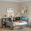 Lit de jour en bois avec tablettes de rangement, 2 tiroirs, station de charge, DEL, bureau et tête de lit tapissier-277721006-277721010