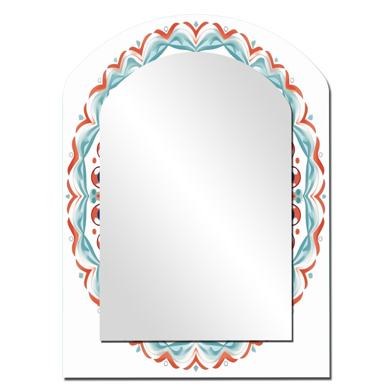 Mandala sacré en rétro bleu et orange I - Miroir décoratif géométrique en arche sur métal, 34 po x 25 po